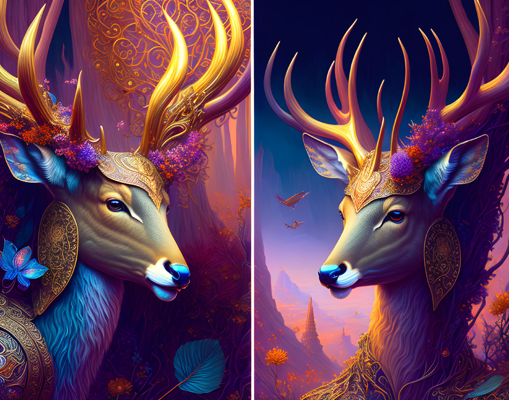 Majestic deer illustrations with ornate antlers in mystical forest