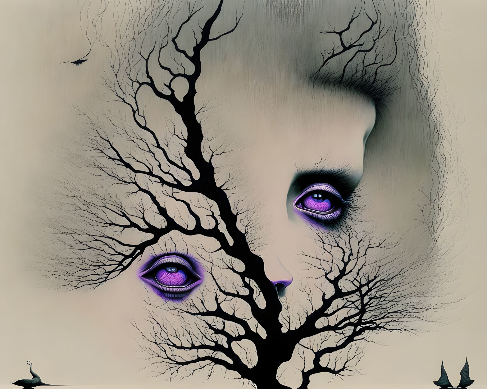 Surreal image: Leafless tree branches merge with woman's face, purple eyes, grayscale palette