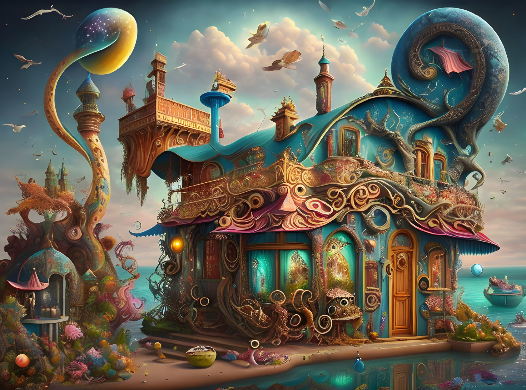 Ornate floating house with whimsical design and magical surroundings