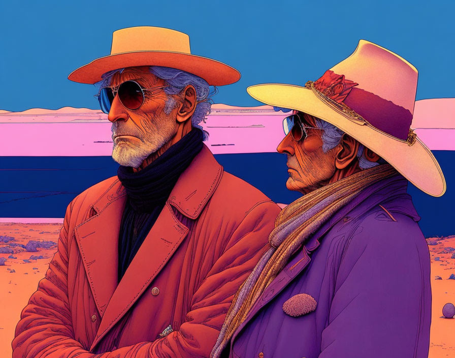 Stylized elderly characters in desert with sunglasses and hats