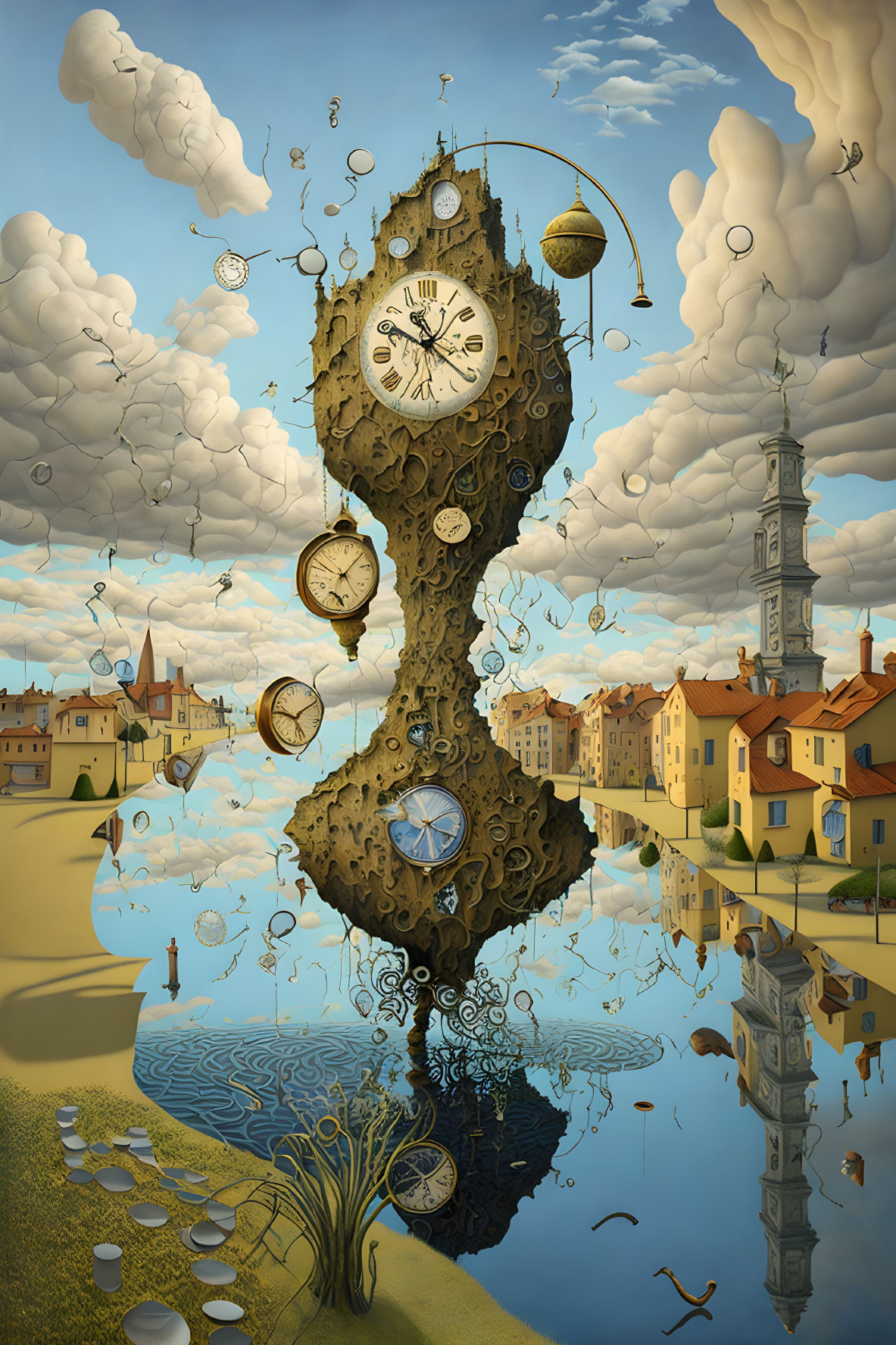 Surreal painting: Clock-covered structure over calm riverside town