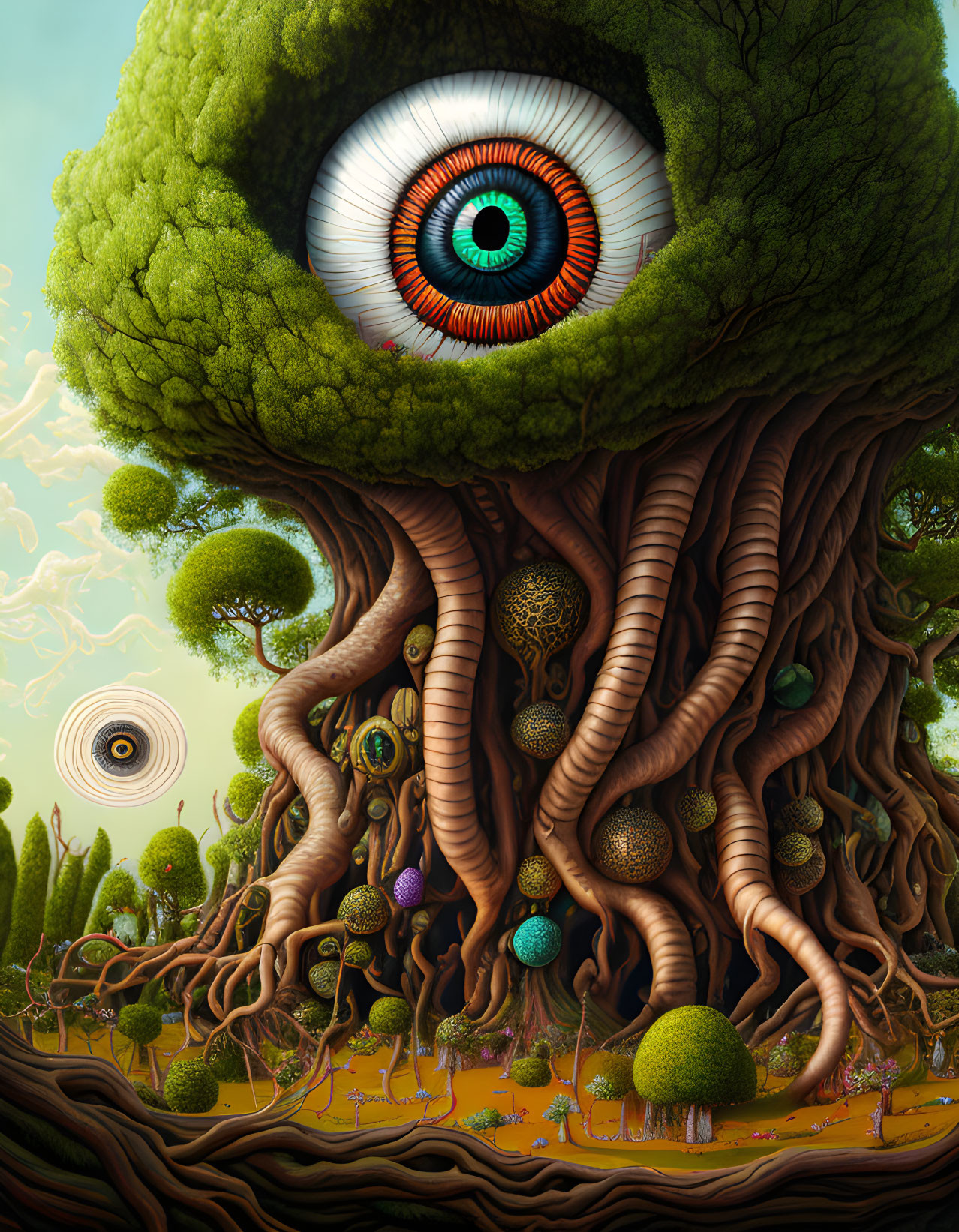 Surreal illustration: giant tree with eye in canopy, twisted roots, eye-like patterns on smaller