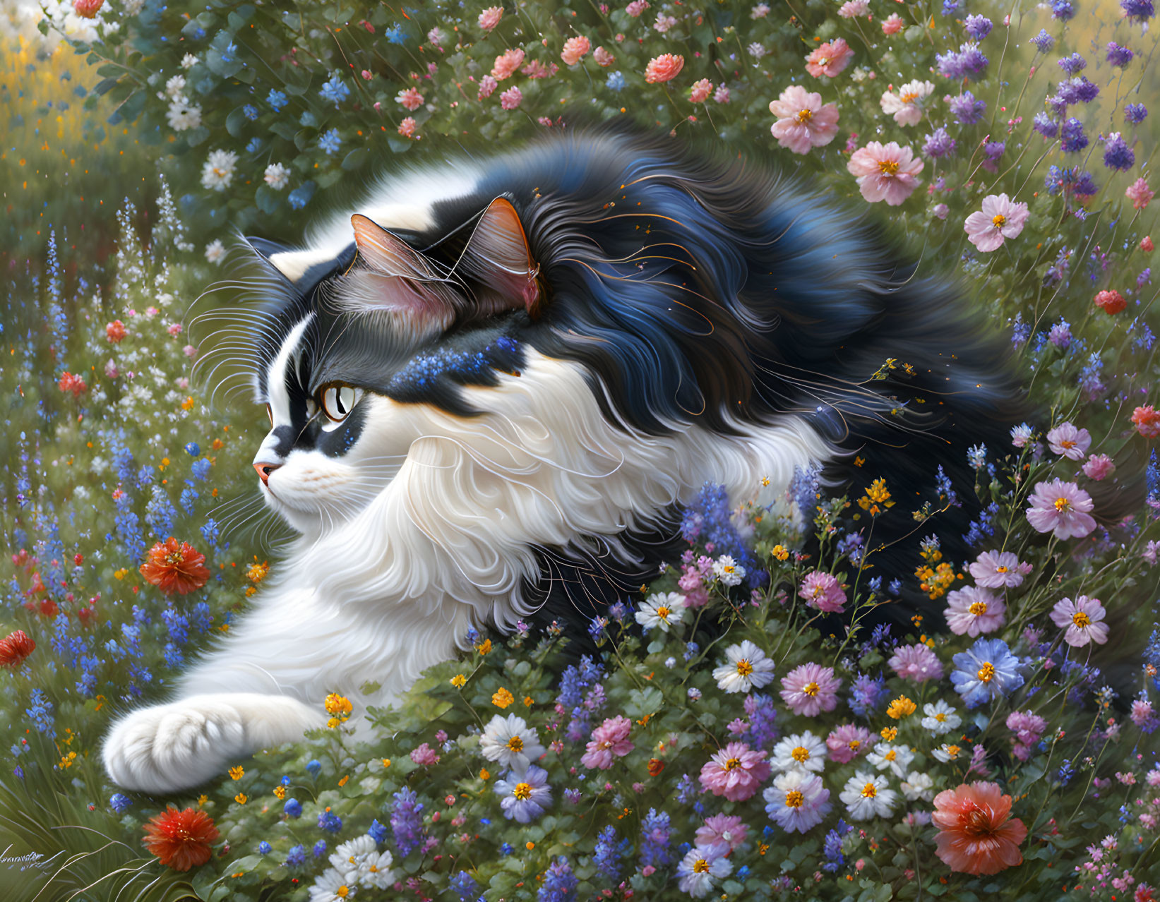 Black and White Cat with Blue and Black Striped Fur in Colorful Flower Field