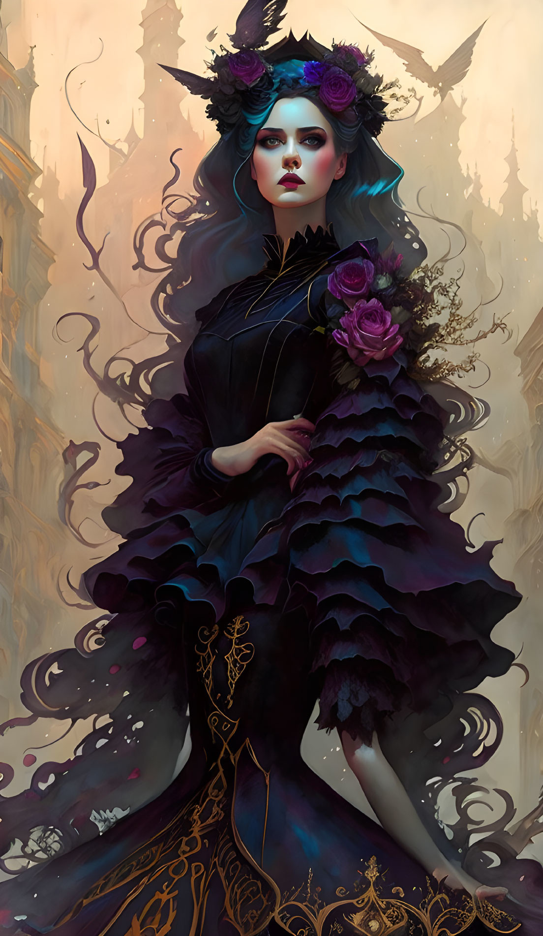 Stylized illustration of woman in dark purple dress with gold accents in gothic setting