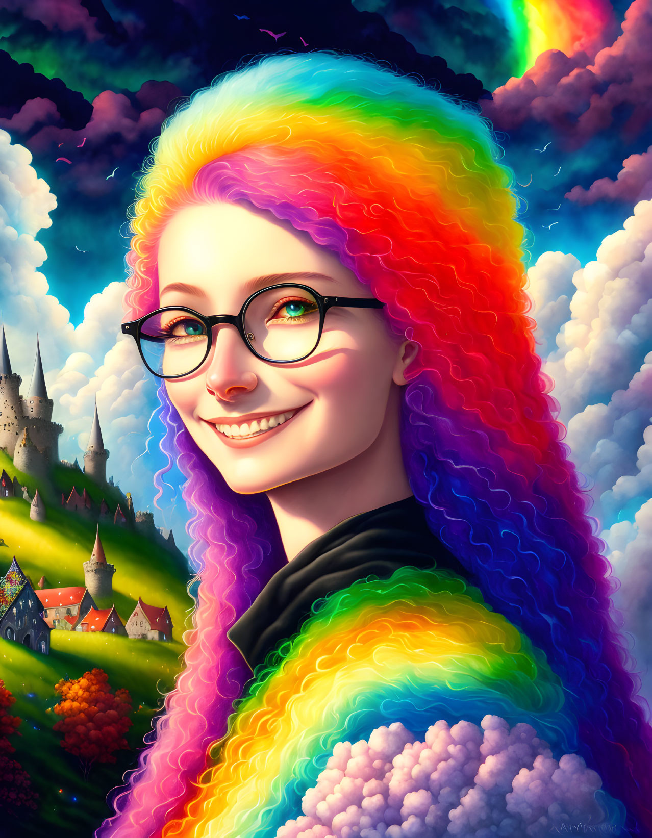 Colorful portrait of smiling woman with rainbow hair, glasses, castle, and village.