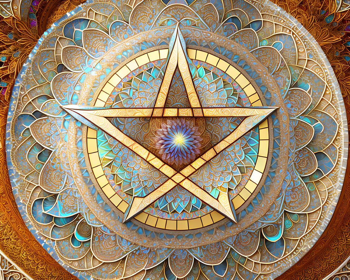 Intricate Golden Mandala with Eight-Pointed Star on Domed Ceiling