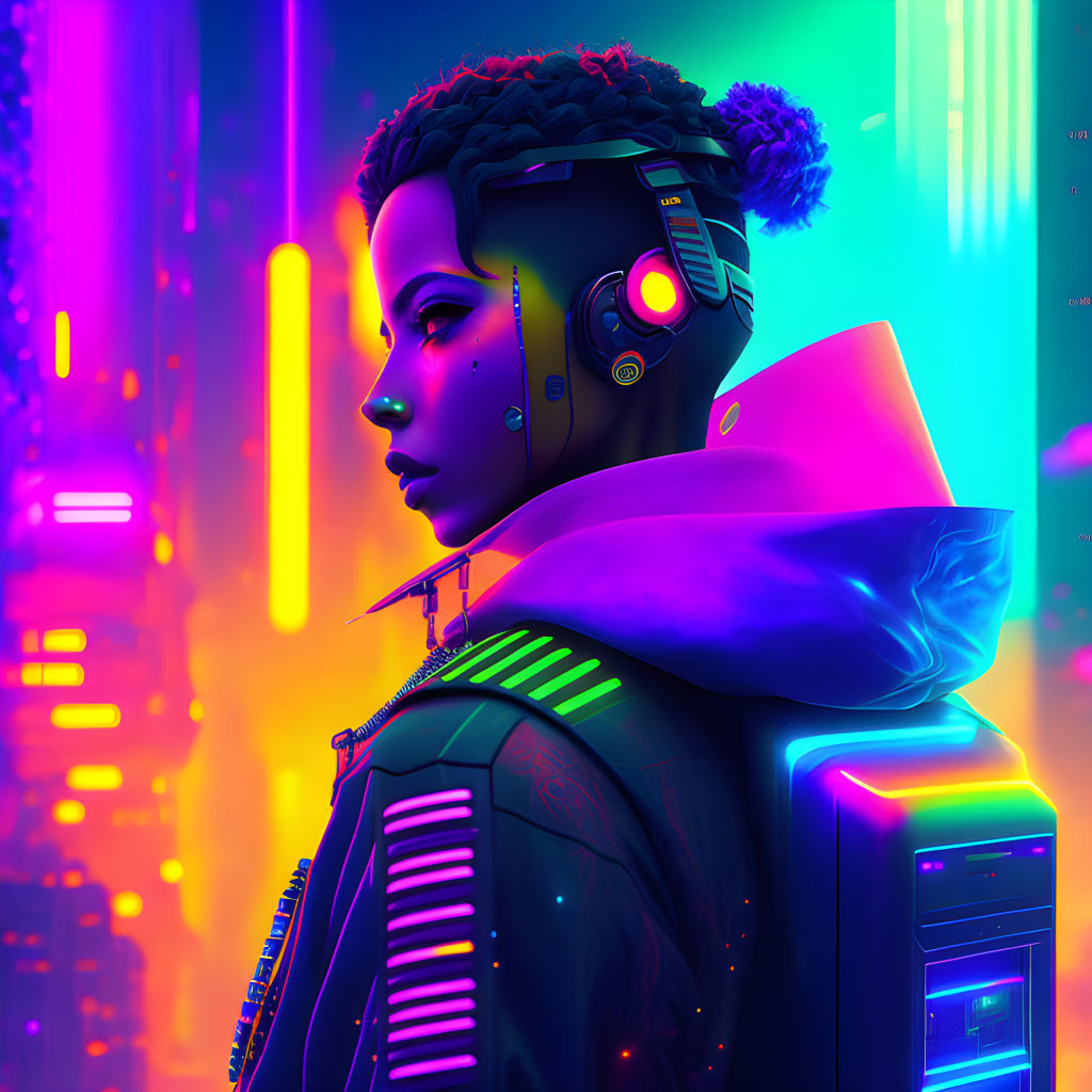 Cybernetic female character with glowing tech in vibrant cityscape