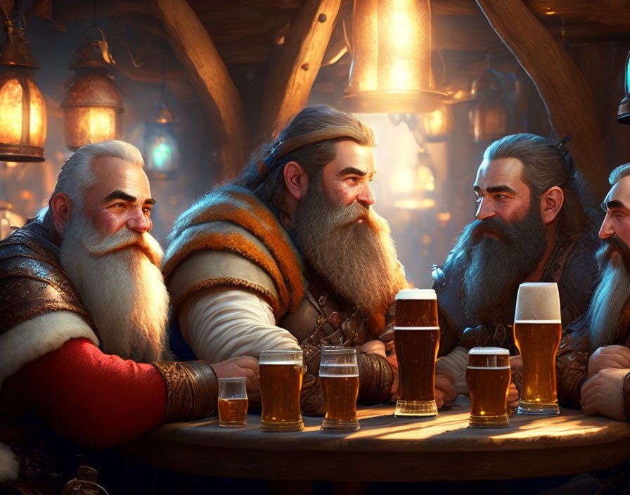 Four dwarves with long beards in a cozy tavern, savoring beer and chatting.