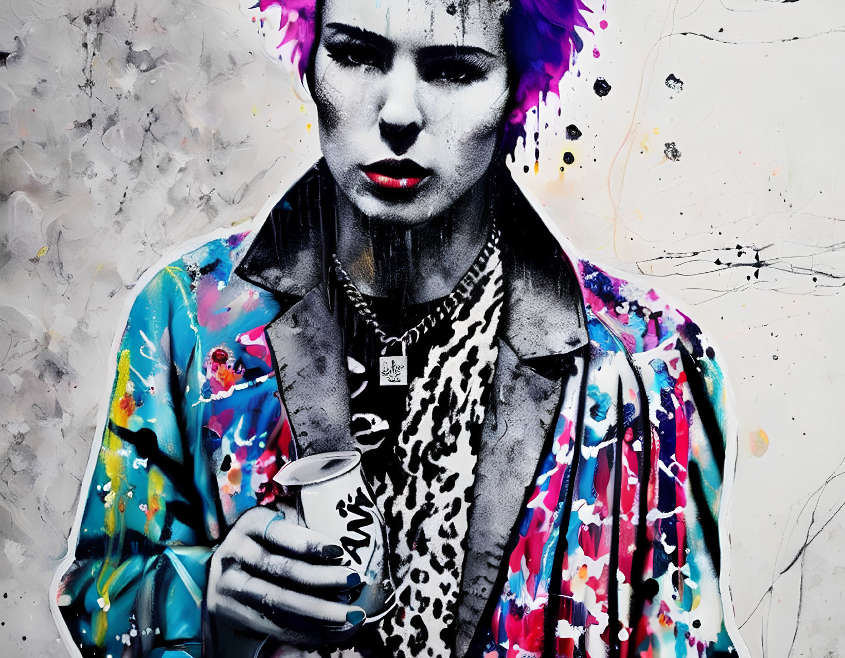 Colorful portrait of person with pink hair and spray paint can in paint-splattered jacket.