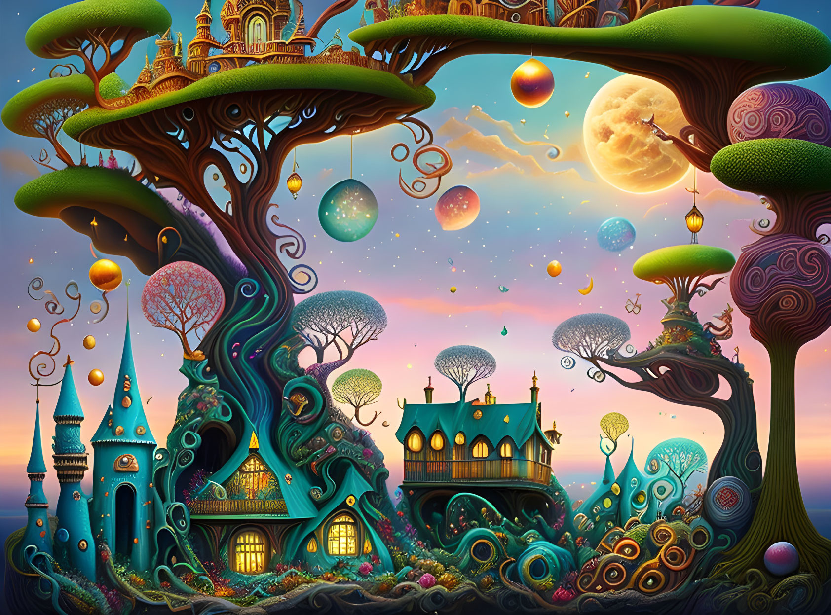 Fantasy landscape with whimsical trees, floating orbs, and enchanting castles