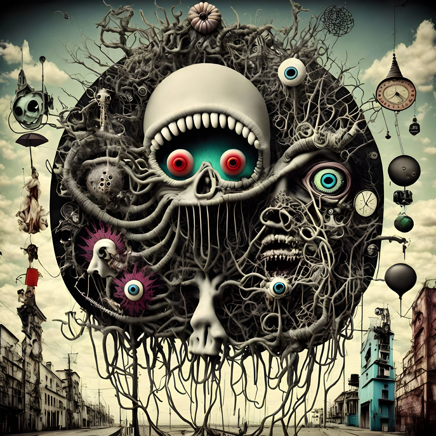 Surreal skull with multiple eyes in abstract setting