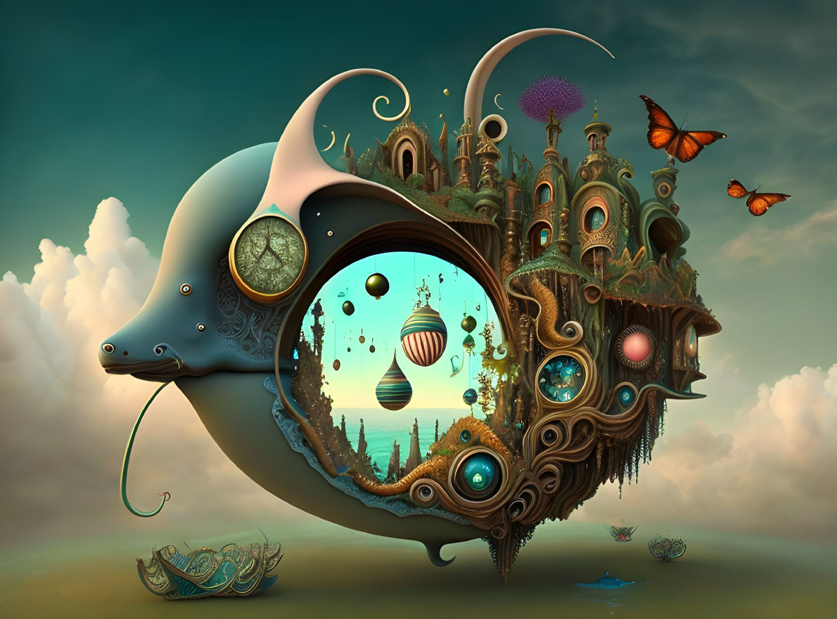 Surreal floating fish-like creature with gears, clock faces, butterflies, and tiny boats.