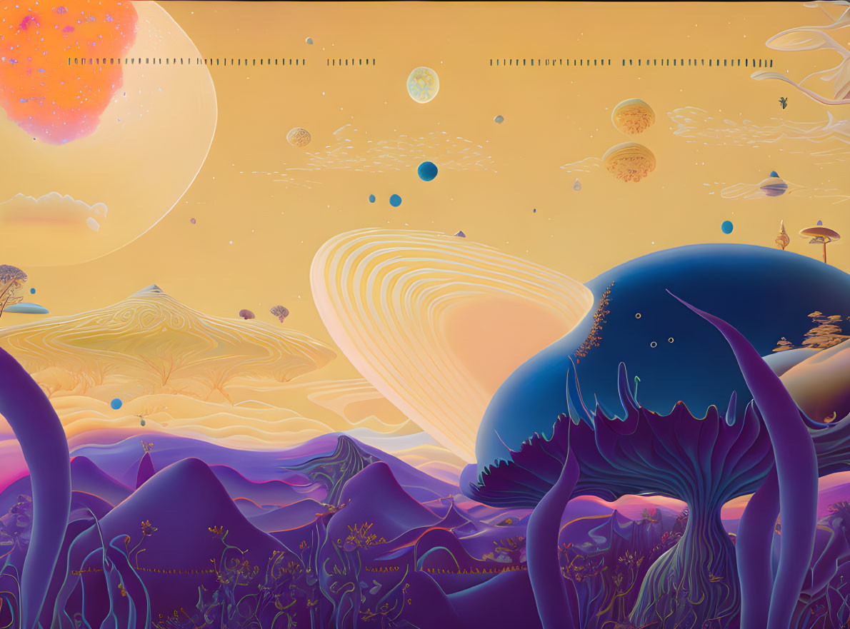 Colorful surreal landscape with whimsical plant structures and planets