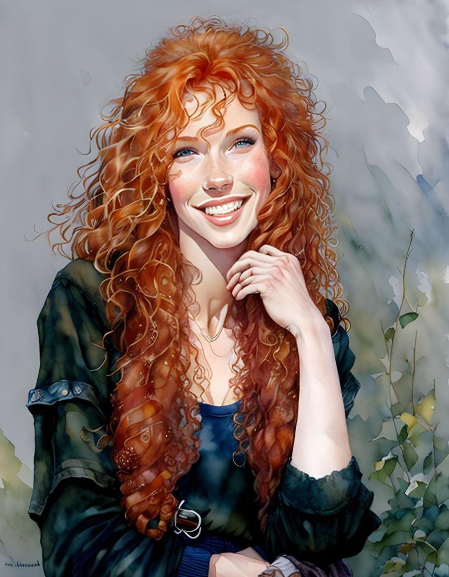 Smiling woman with red curly hair in dark blue top and green jacket pose.