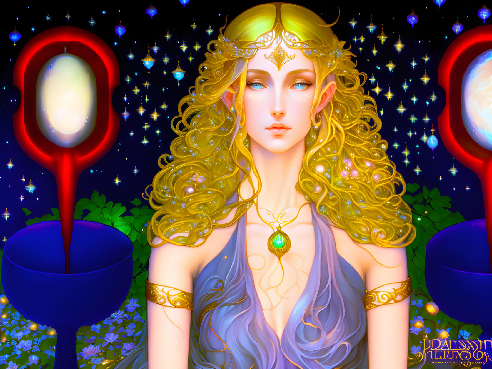 Ethereal elf with golden hair and starry diadem in starlit scene