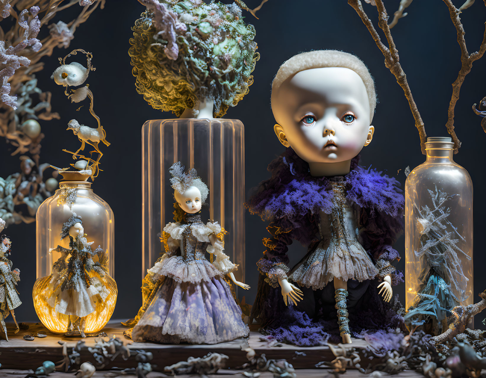 Surreal dolls in costumes inside glass jar, eerie branches backdrop