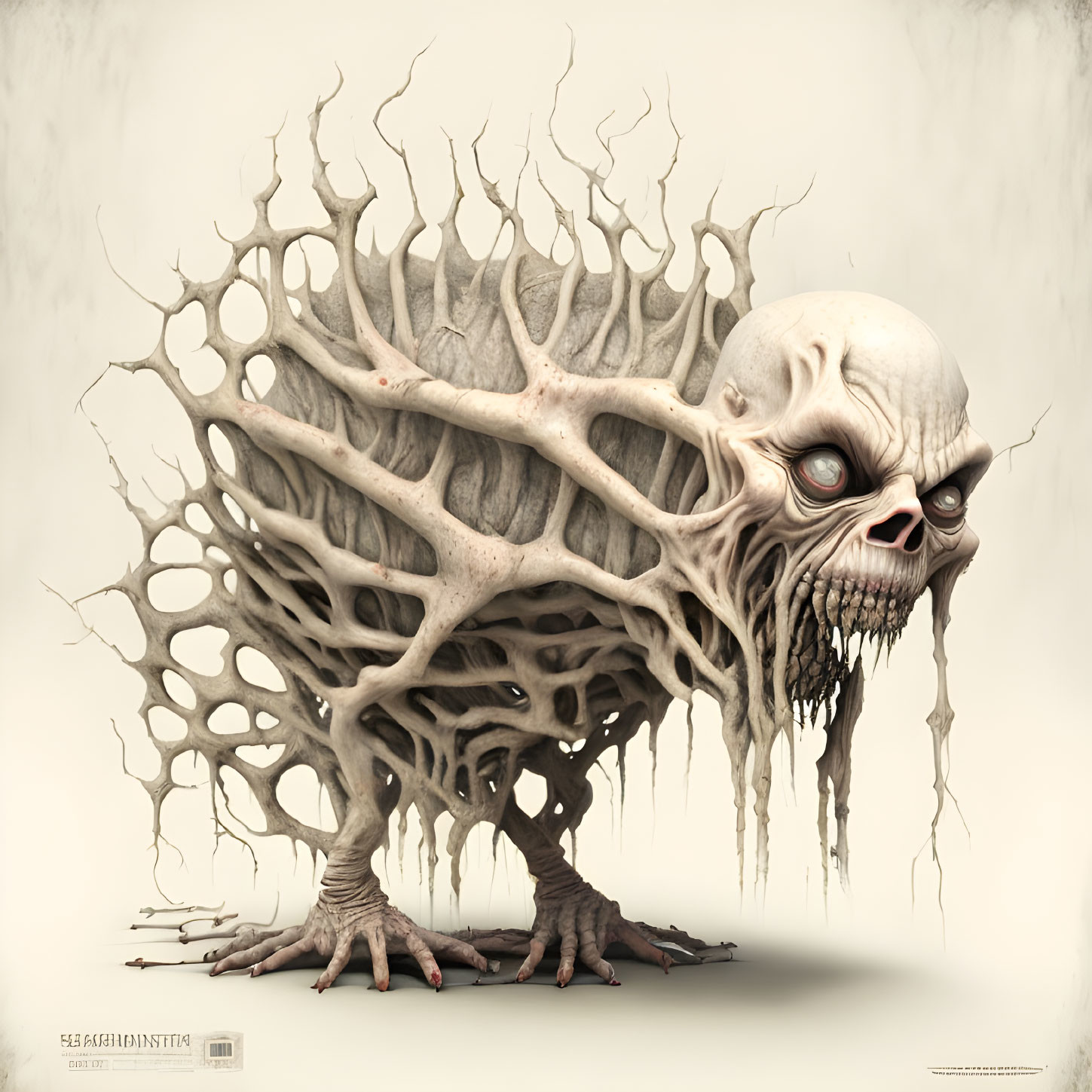 Illustration of eerie skull with oversized cranium and tree-like structures.