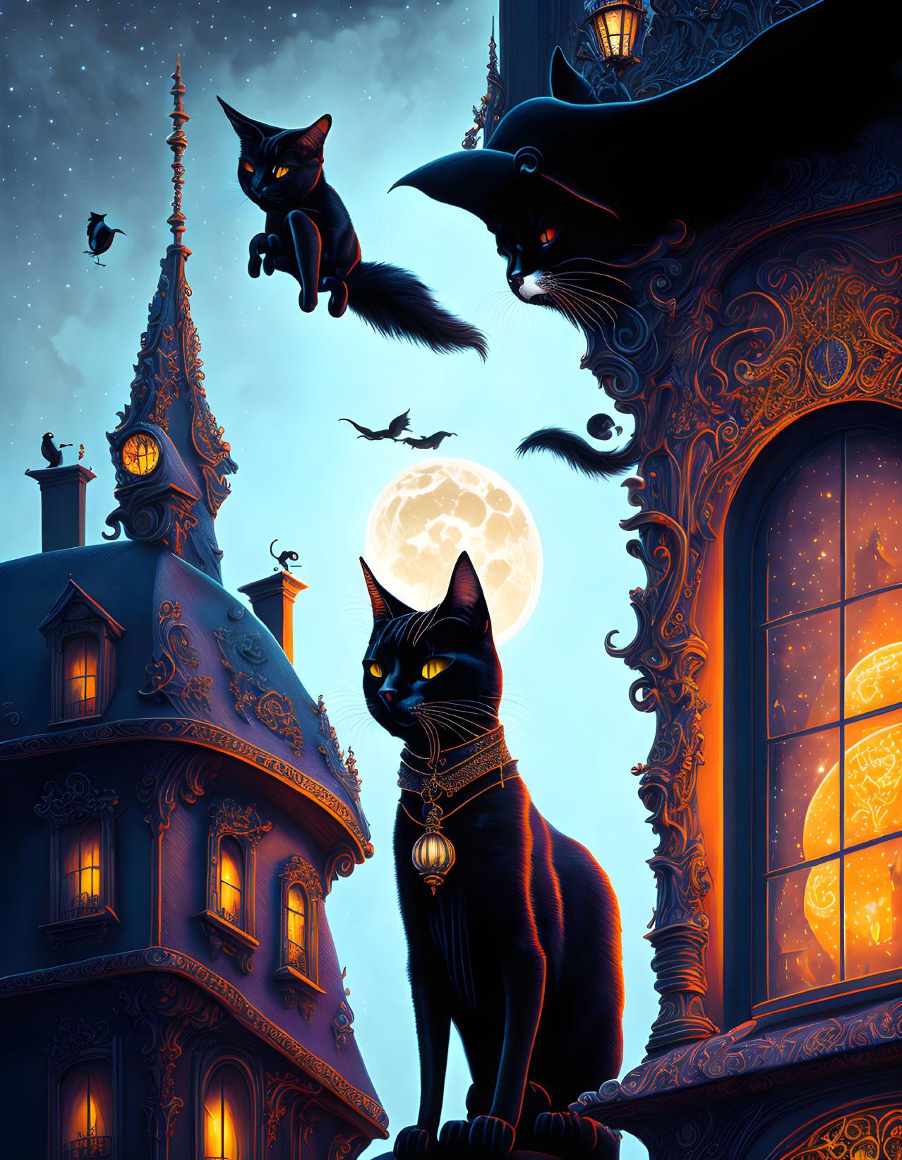 Enchanting full moon night scene with black cats on gothic building