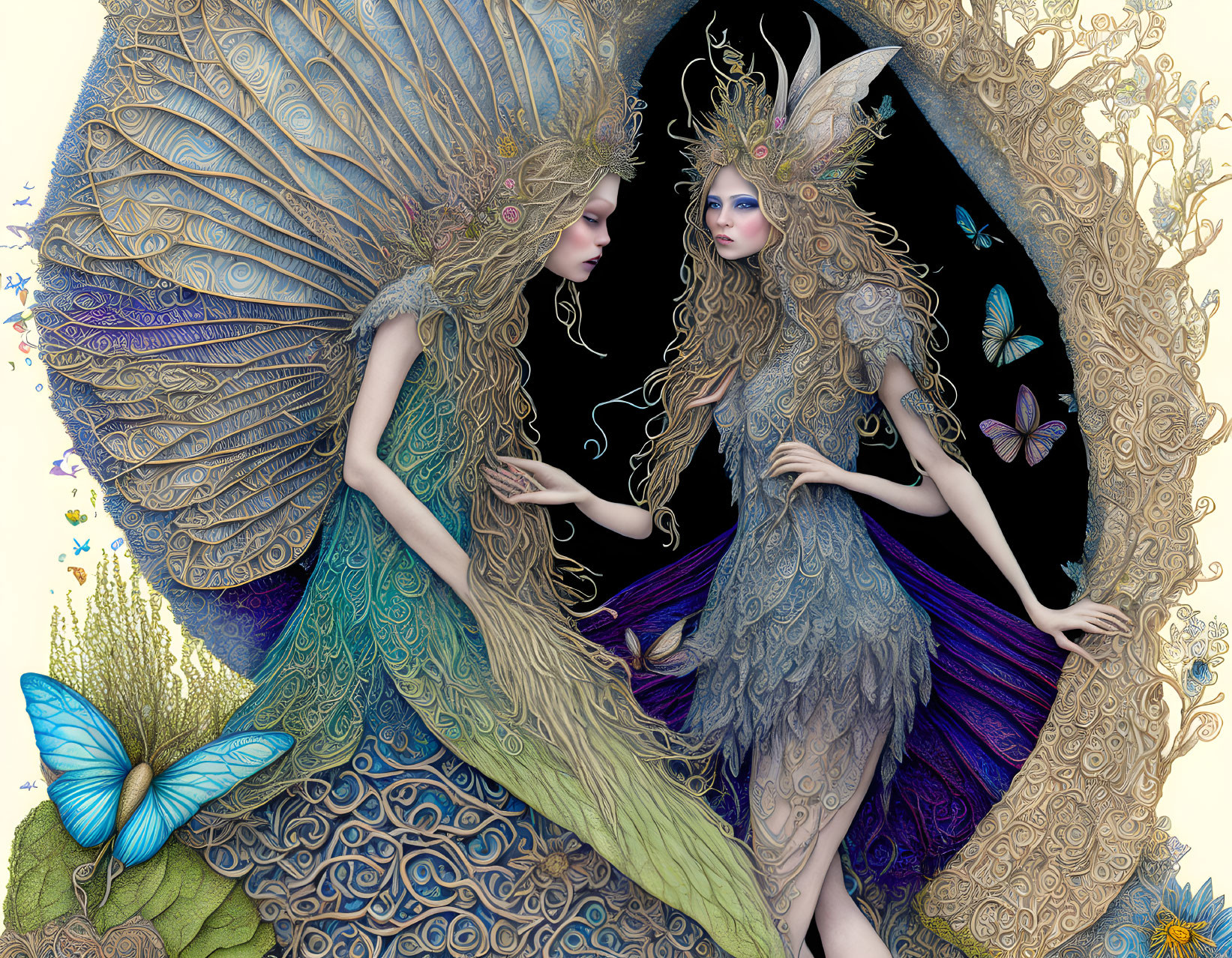 Ethereal female figures in peacock-inspired attire in a fantasy setting