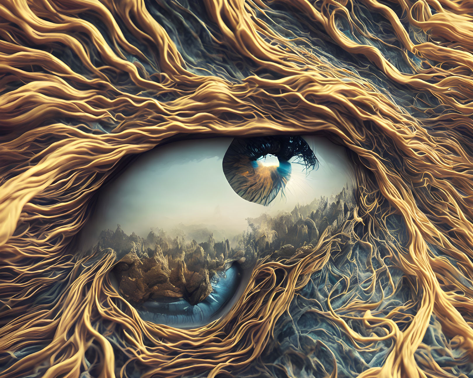 Surreal landscape with eye and flowing hair-like structures in iris