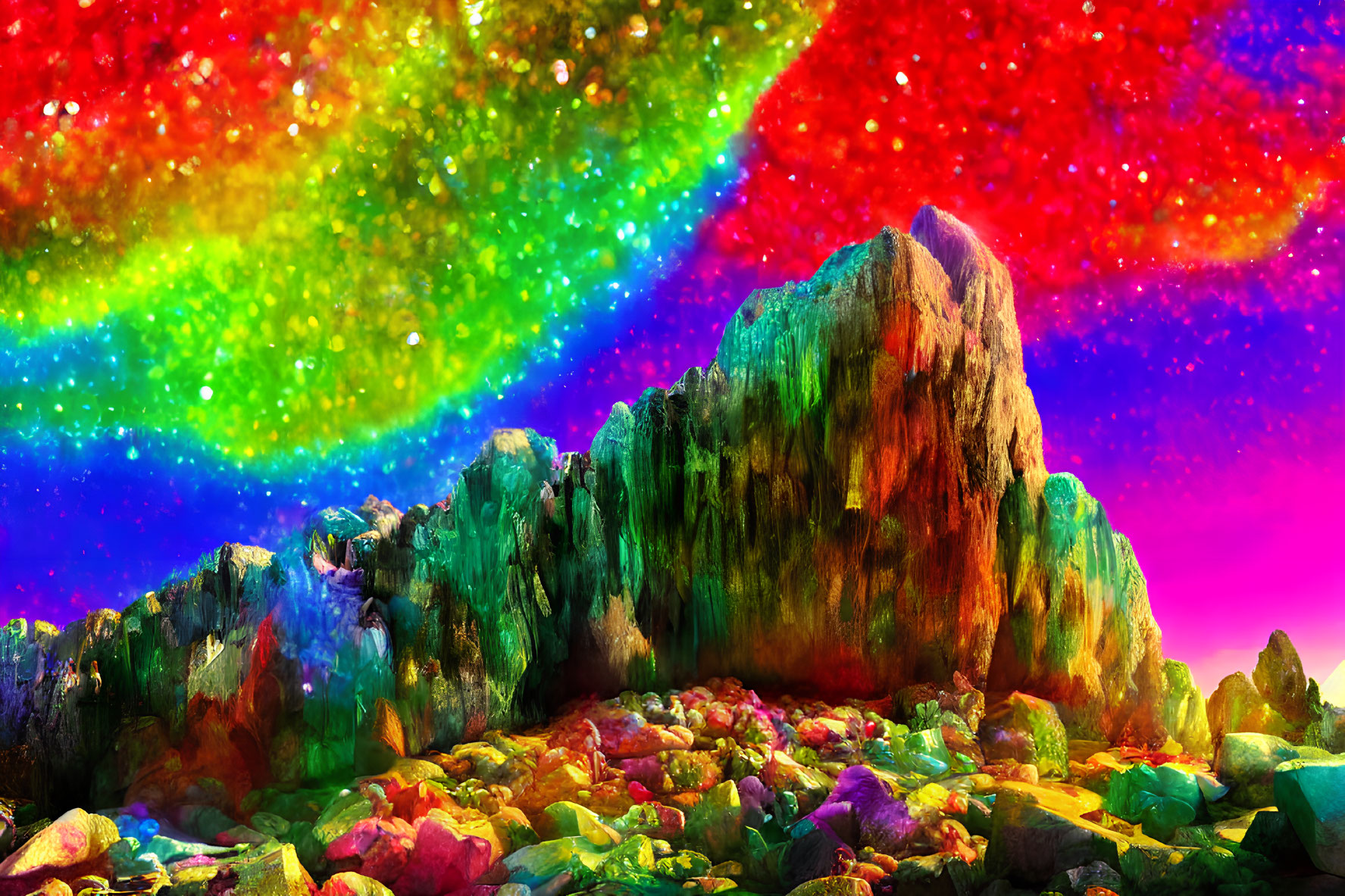 Colorful Landscape with Central Rock Formation and Multicolored Stones under Starry Nebula Sky