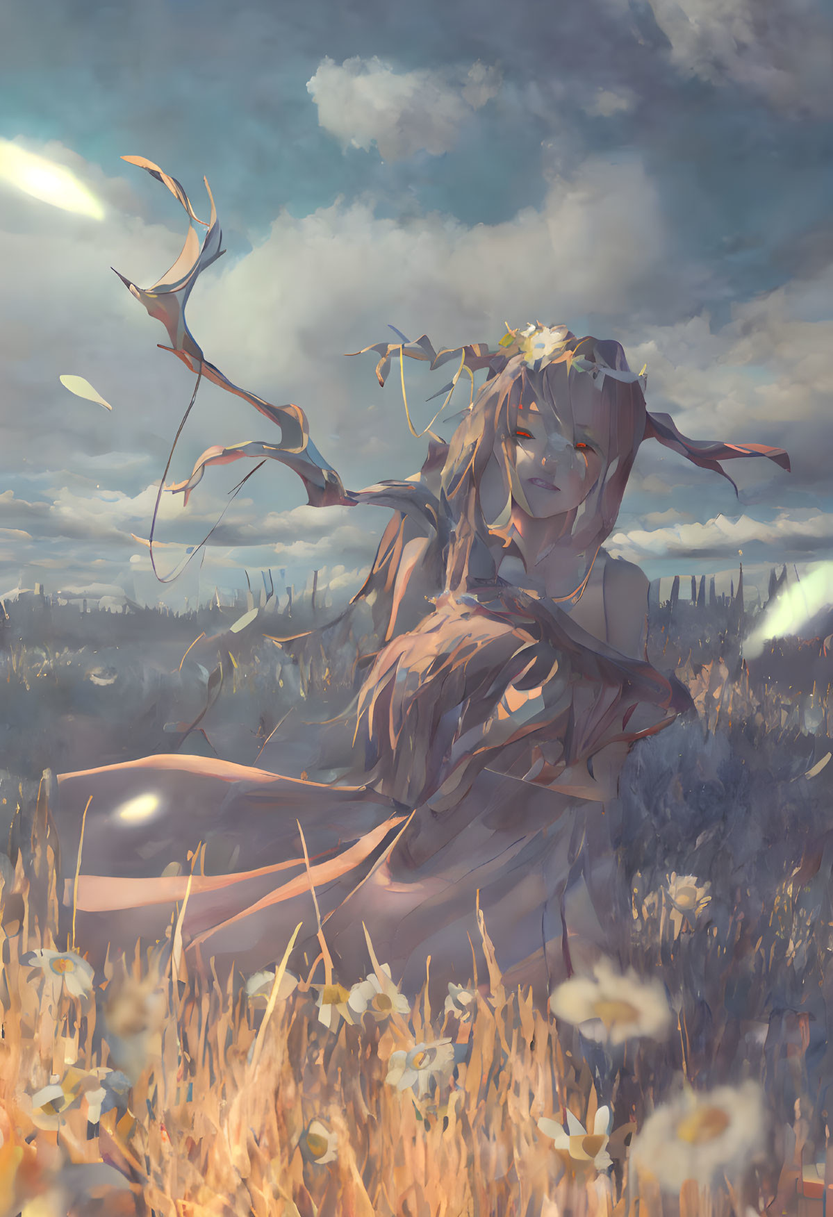 Ethereal artwork: Smiling woman with elfin features in sunny meadow