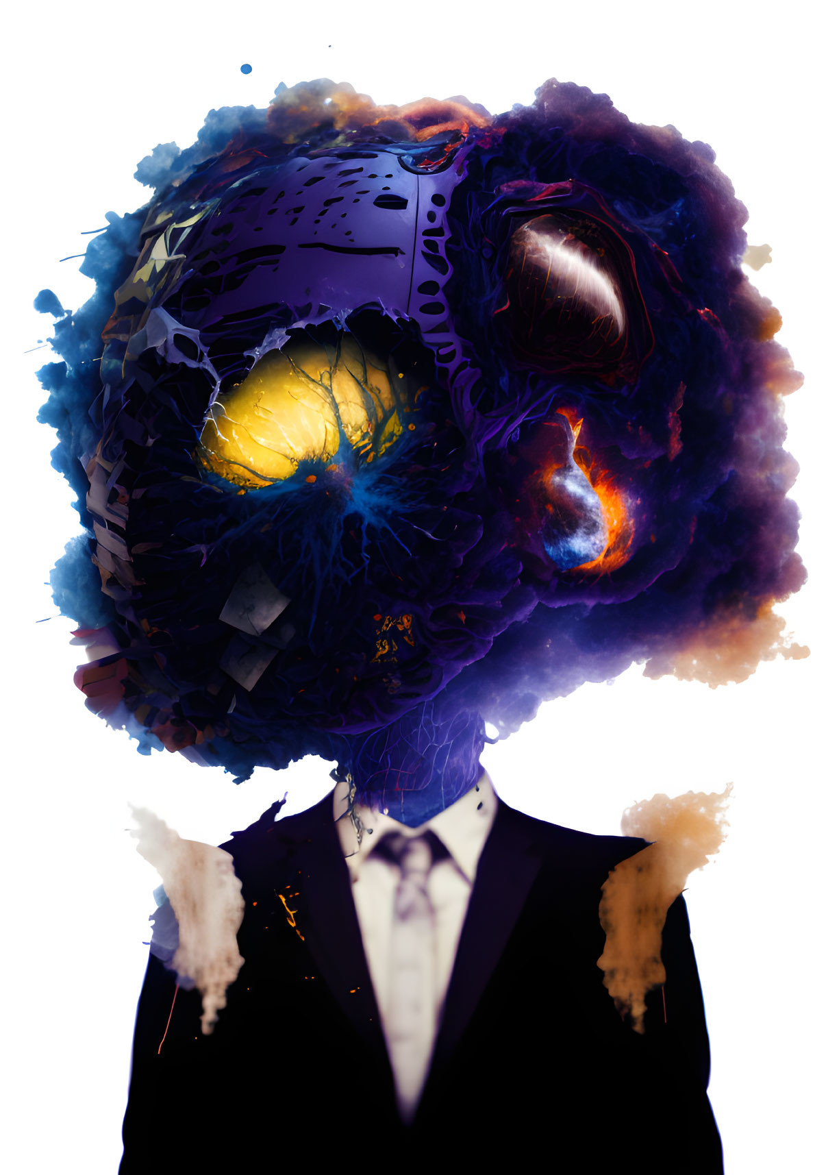 Person in Suit with Vibrant Nebula Explosion Head in Blues, Purples, Oranges &