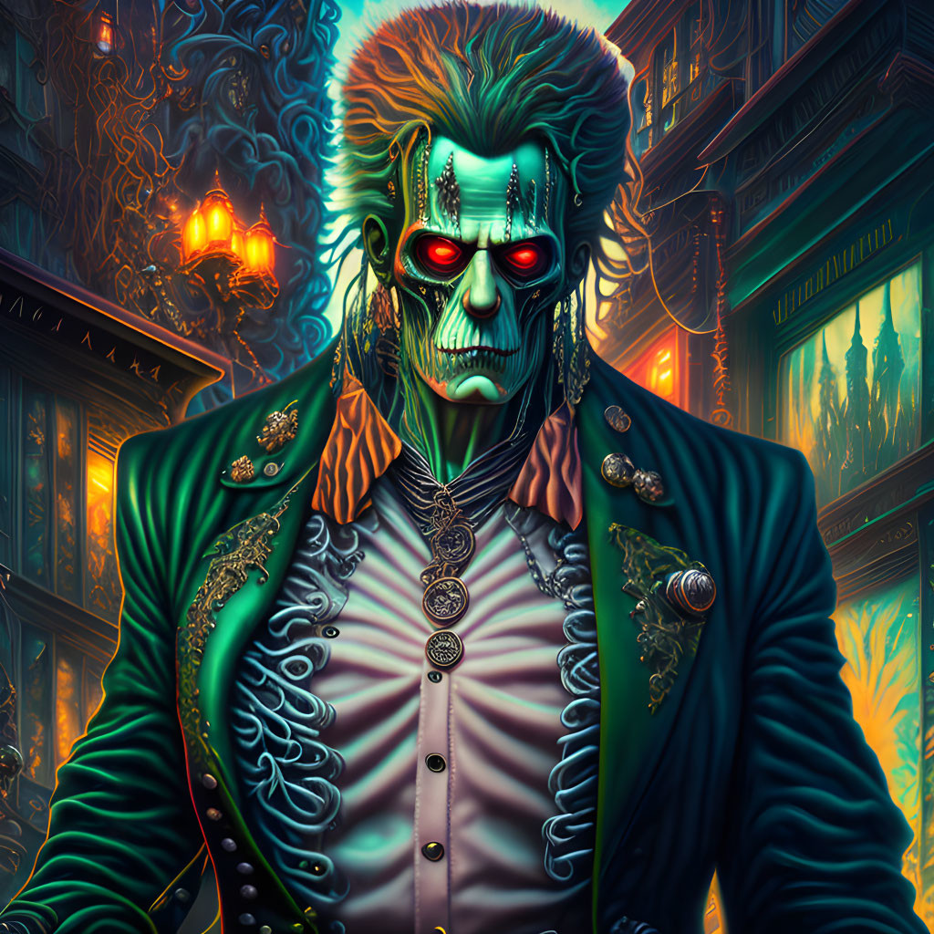 Stylized undead gentleman in green skin and red eyes in ornate military uniform in gothic neon