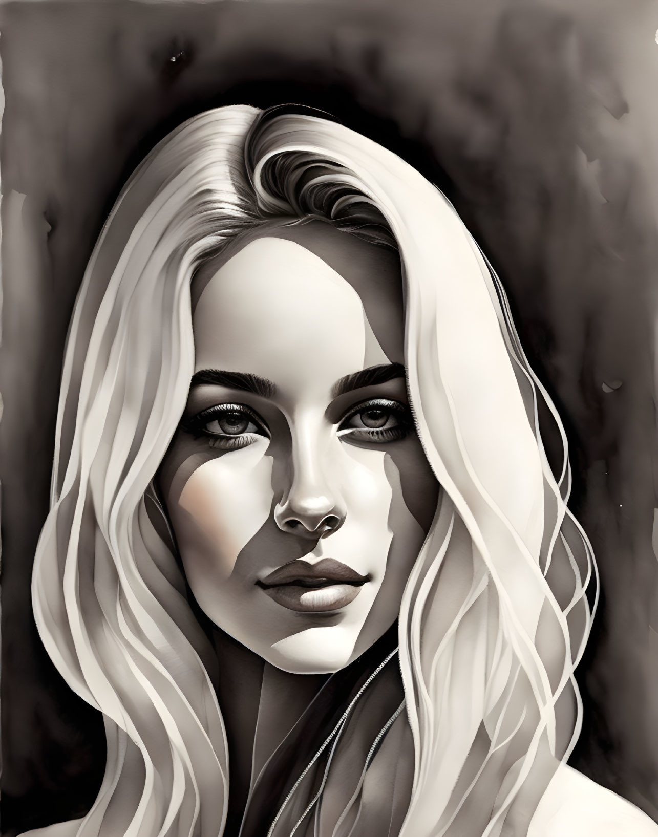 Monochromatic digital portrait of a woman with flowing white hair