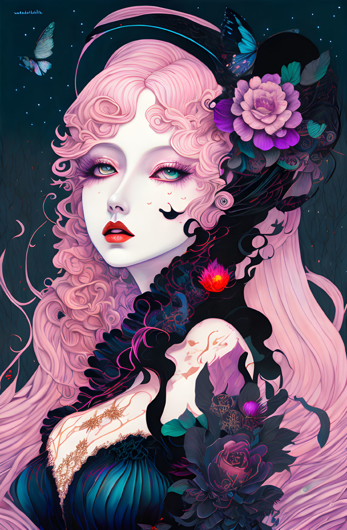 Colorful digital artwork featuring a woman with pink hair, purple eyes, and floral elements