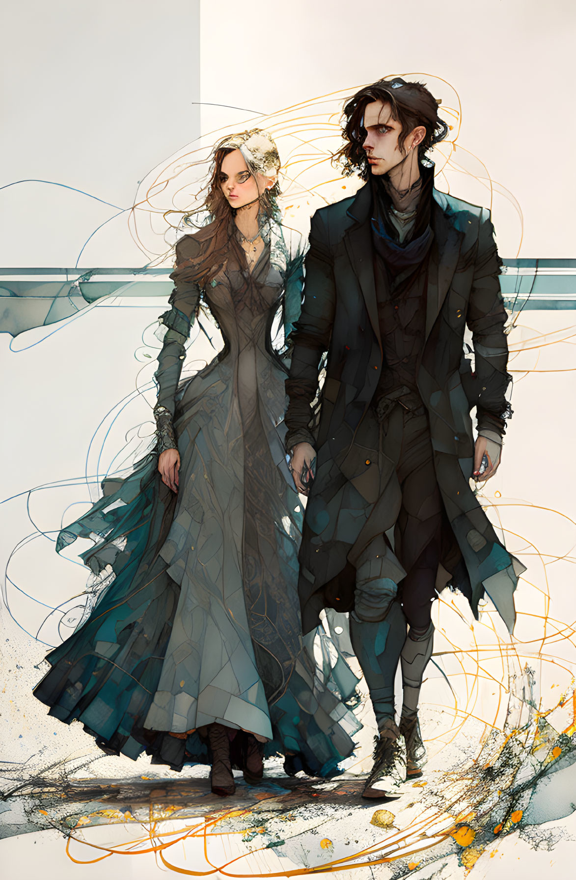 Stylized Gothic Characters with Abstract Colorful Swirls