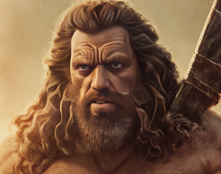 Digital Artwork: Mythological Figure with Stern Expression, Long Hair, Beard, Wooden Staff, Golden