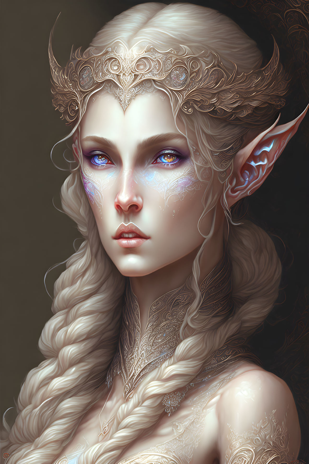 Fantasy portrait: Elf woman with silver headpiece, pointed ears, platinum hair, blue eyes.