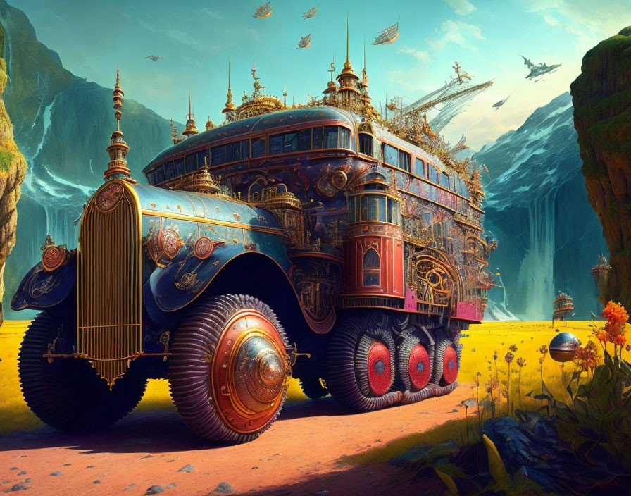 Steampunk-style multi-level bus in fantasy landscape with airships.