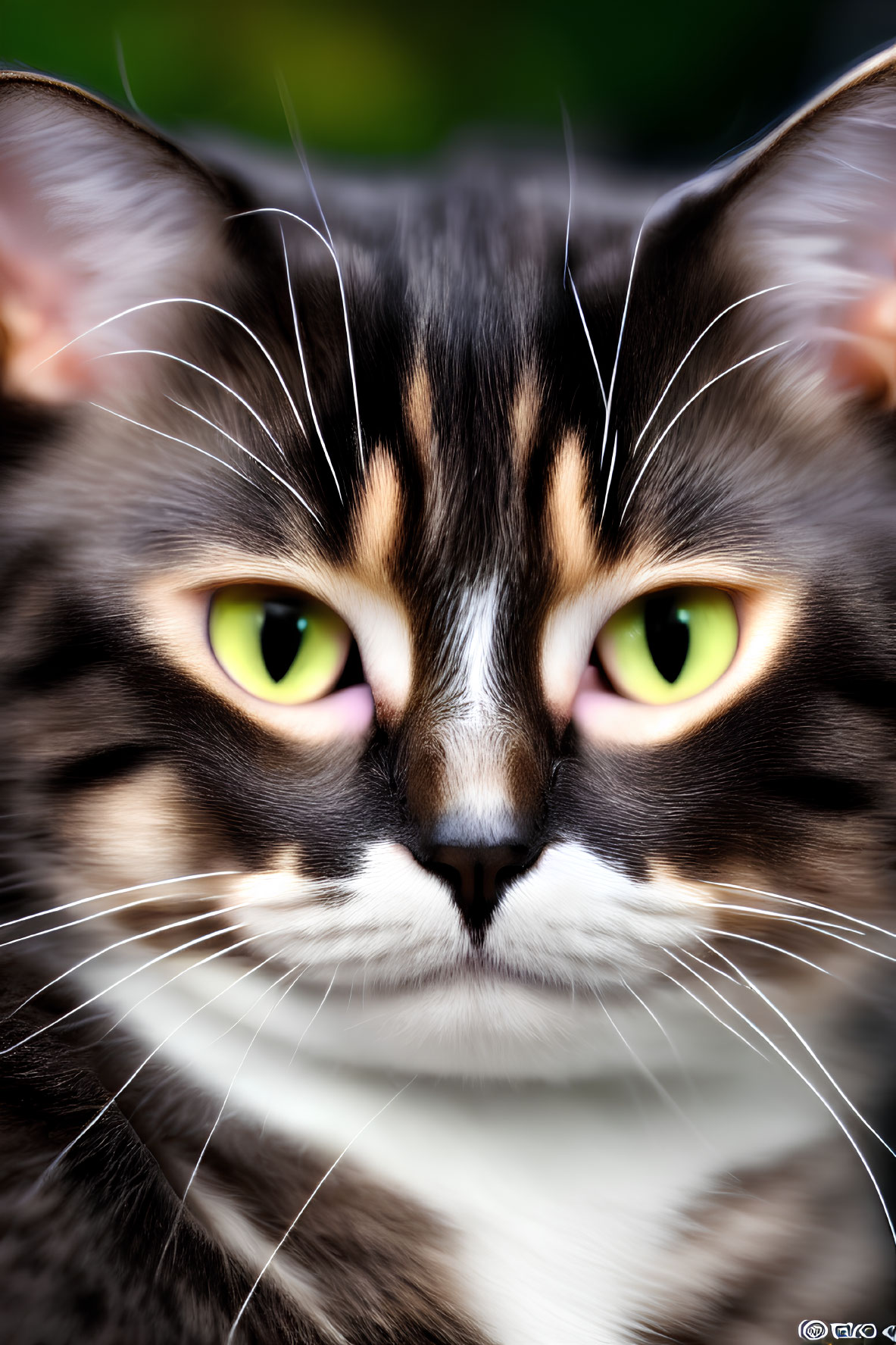 Striking Green-Eyed Cat with Multicolored Fur