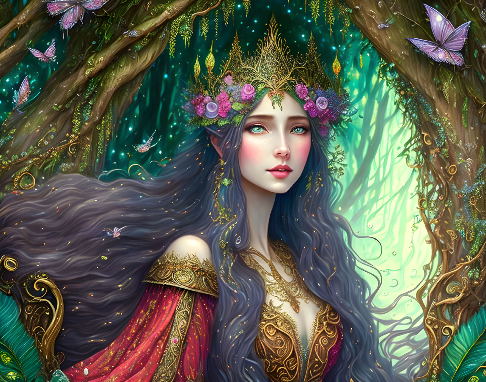 Ethereal woman in floral crown and gown, enchanted forest scene