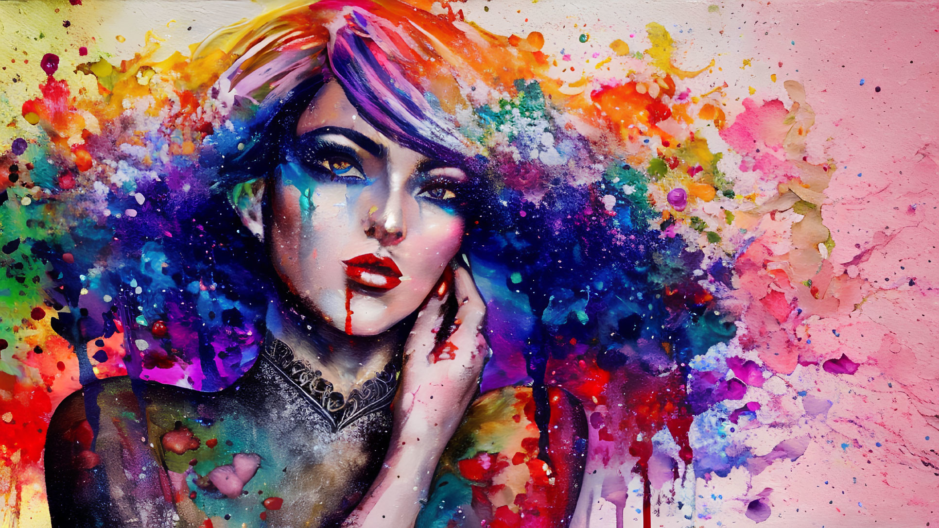 Colorful painting of a dynamic woman with splashes and drips