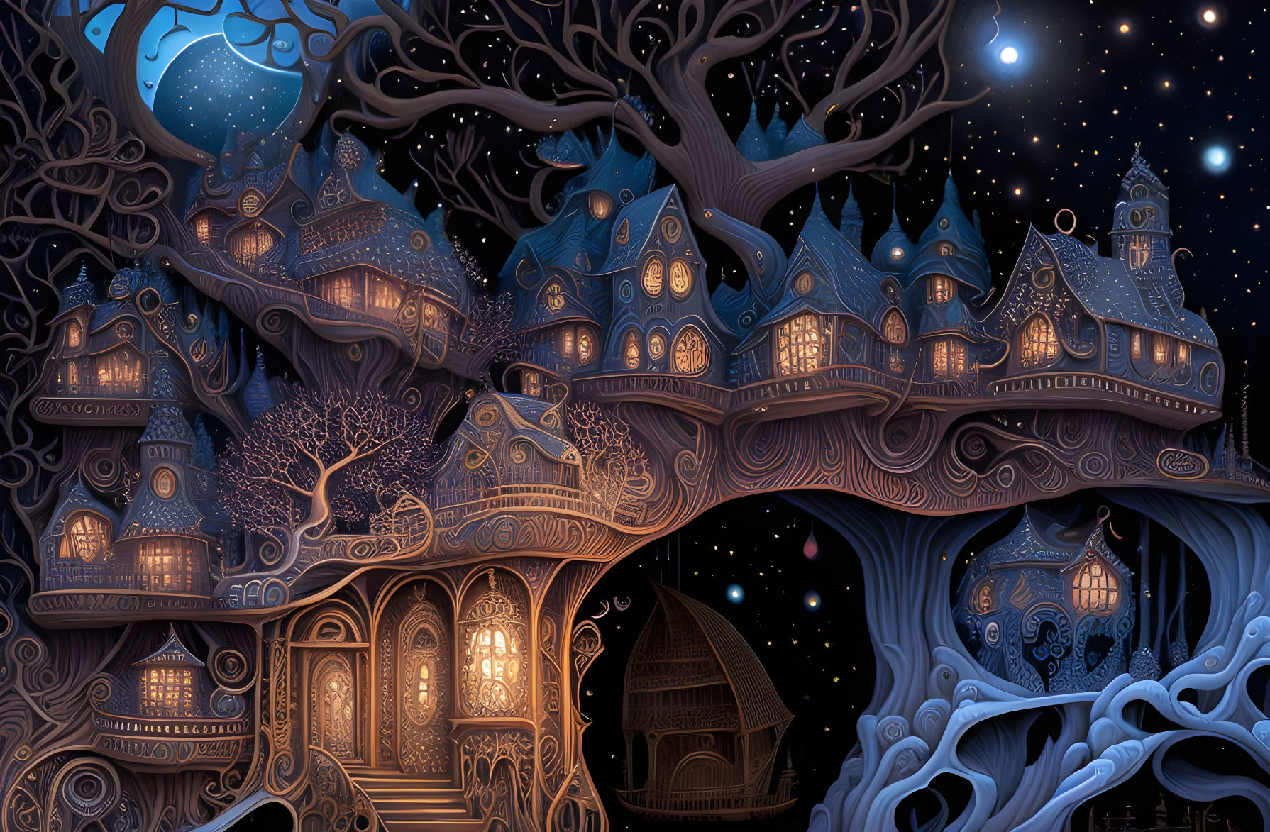 Fantastical tree with intricate houses under starry night sky