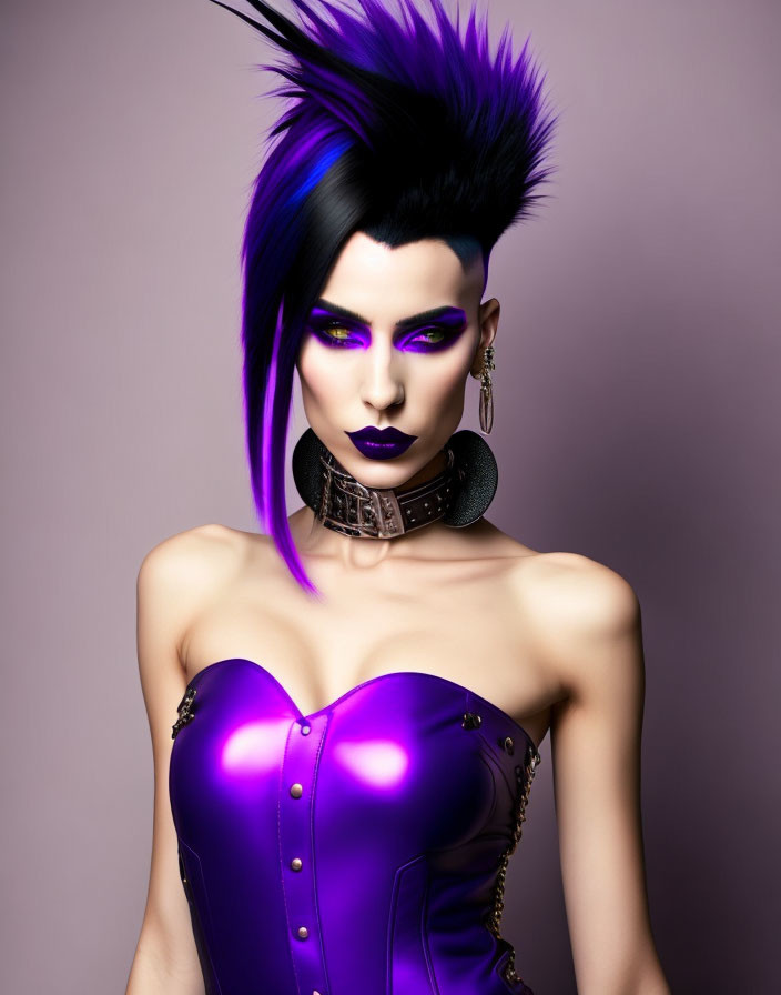 Stylized 3D illustration of woman with purple mohawk and corset