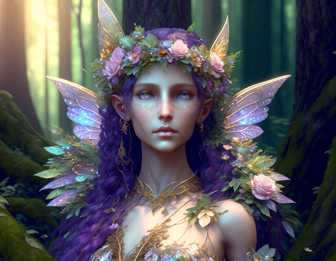 Fantasy elf with purple hair, floral crown, translucent wings, and golden jewelry in enchanted forest