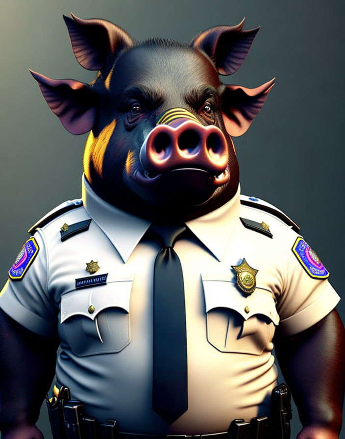 Anthropomorphic Pig in Police Uniform on Dark Background