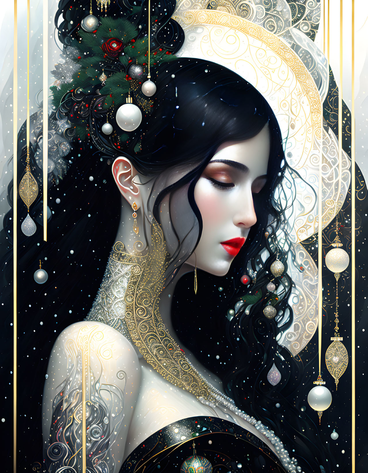 Illustrated portrait of woman with black hair and red lips, adorned with golden patterns and Christmas ornaments.