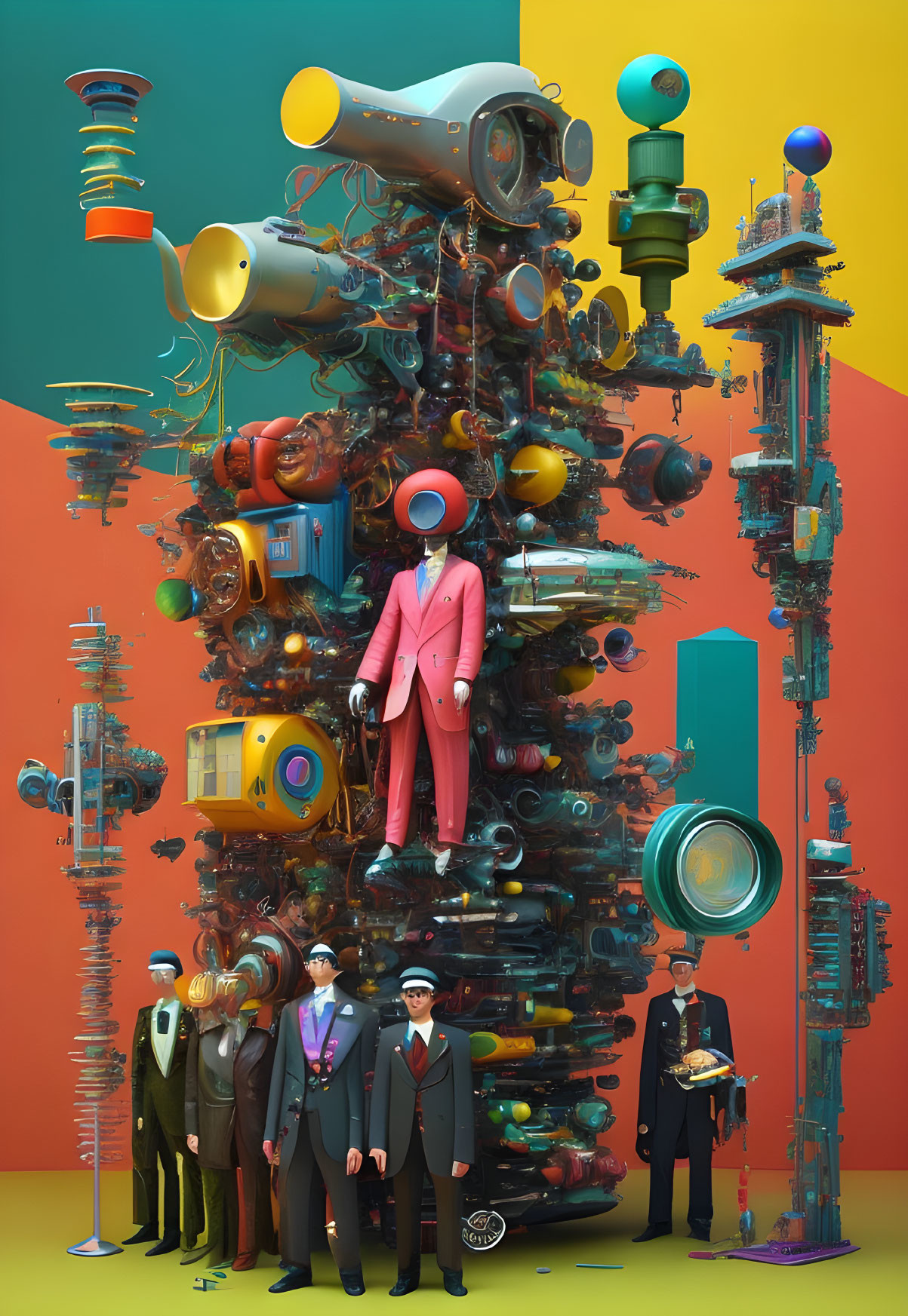 Colorful surreal artwork with people in suits and whimsical elements