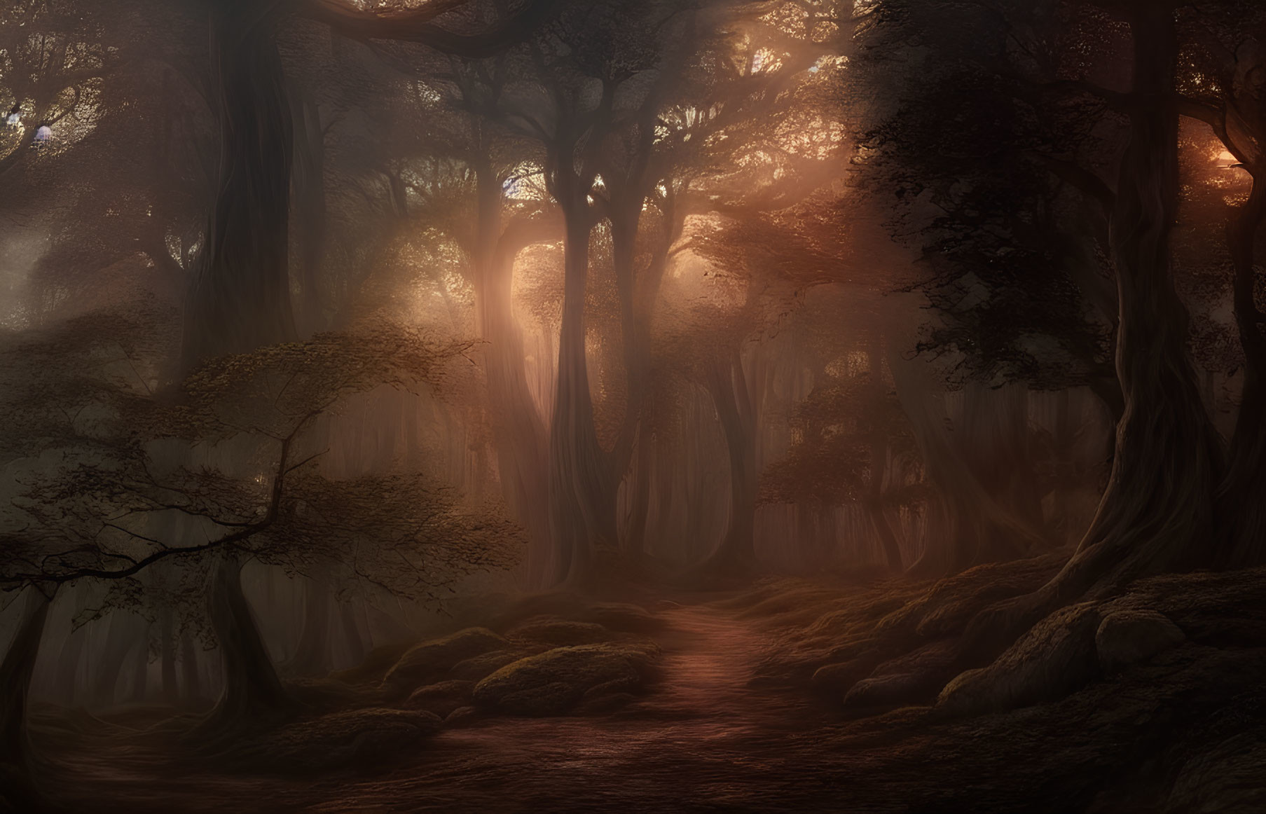 Mystical forest with towering trees and misty ambiance