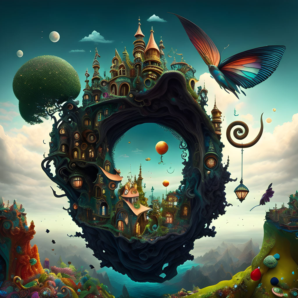 Whimsical floating island with colorful castles and surreal elements