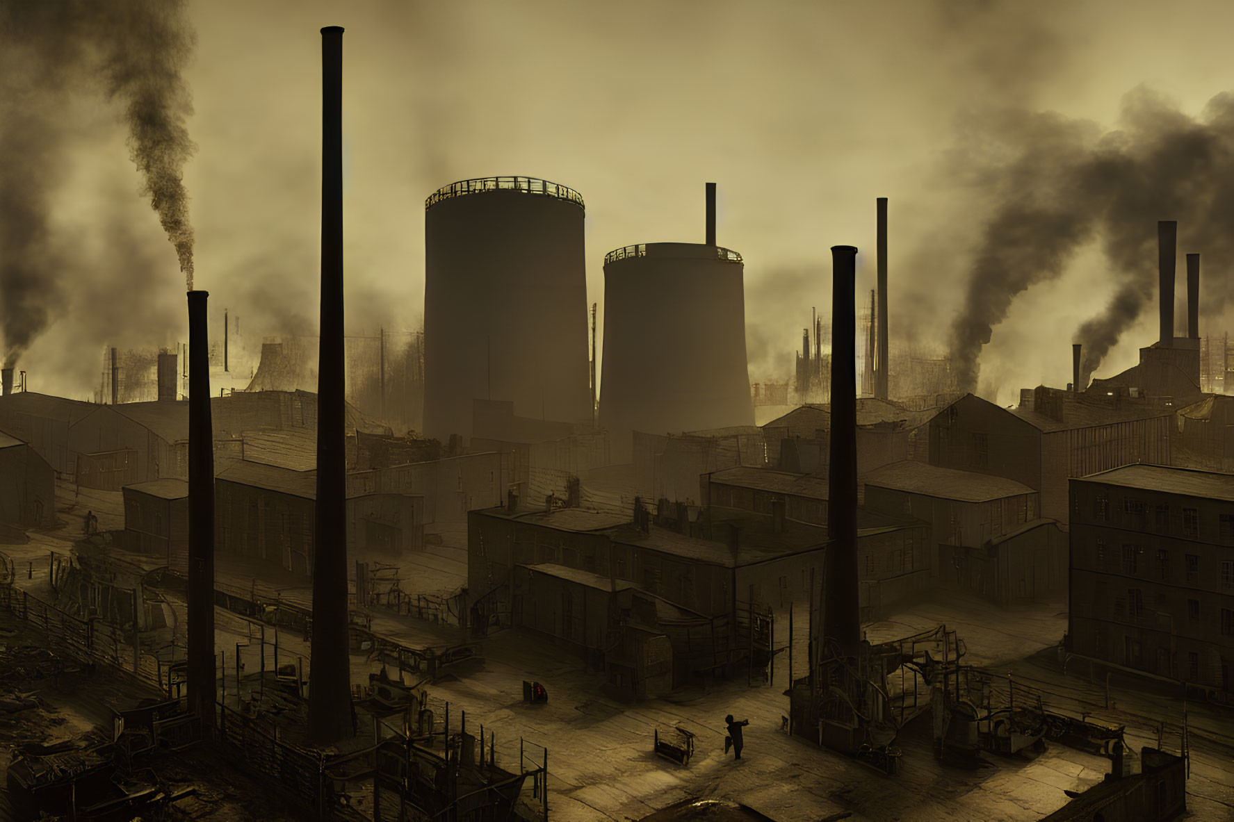 Industrial landscape with smokestacks, storage tanks, and factory buildings under yellow sky