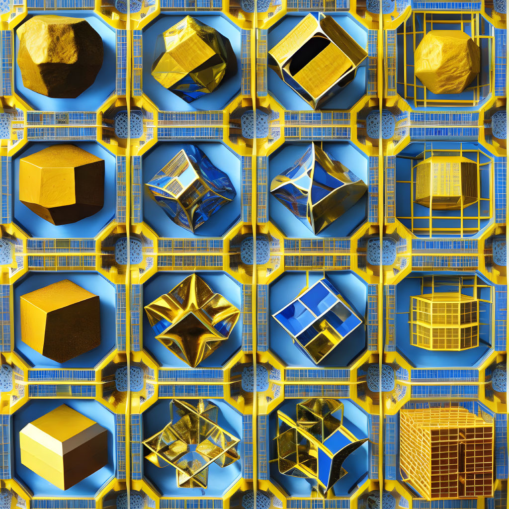 Geometric shapes grid in gold foil on blue and yellow background