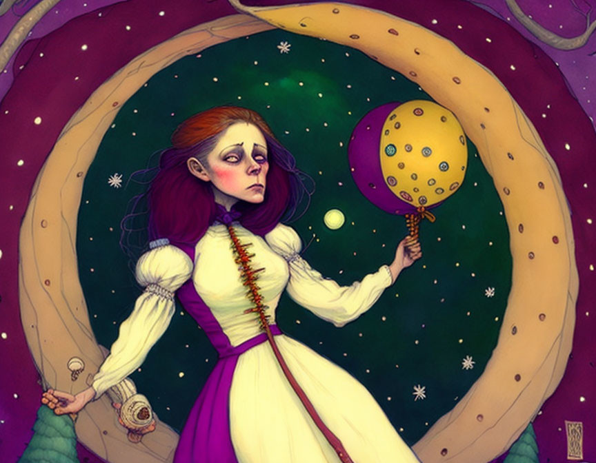 Pensive girl in Victorian dress with moon balloon in cosmic setting