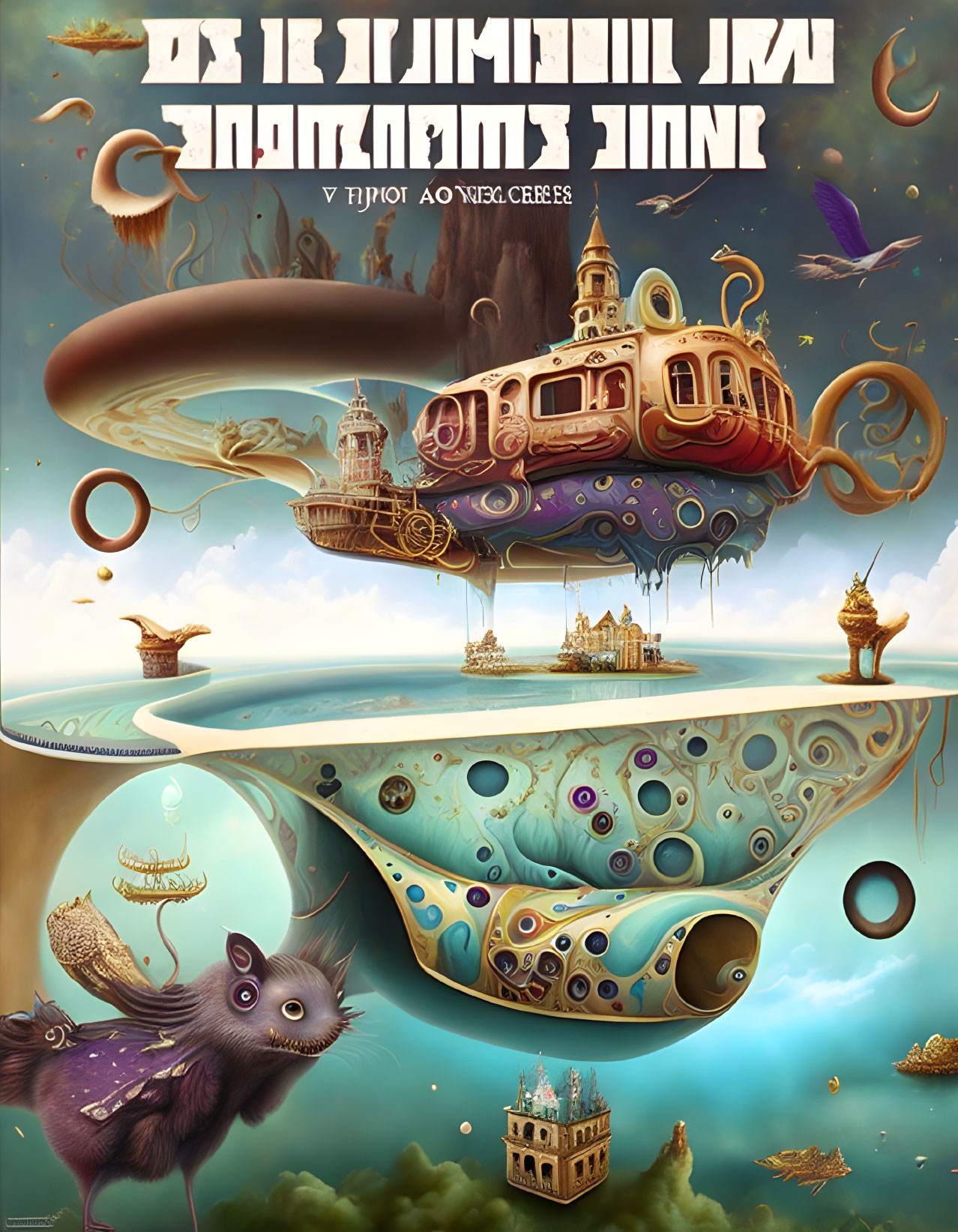 Whimsical flying ship with architectural elements and floating island