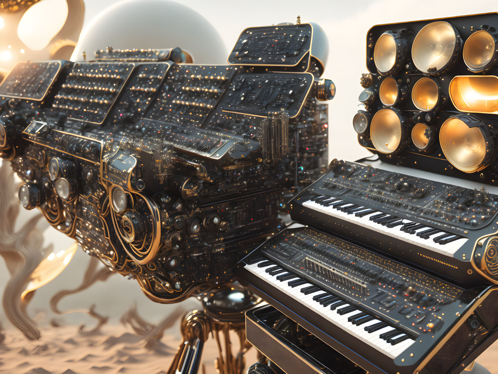 Intricate mechanical synthesizers in futuristic desert scene